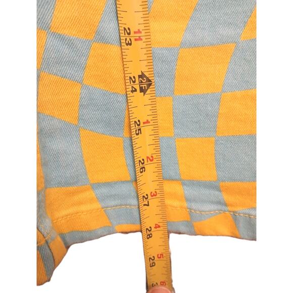 Forever 21 Denim Overall Dress Women Sz L Blue Yellow Check Stretch Mini Skirt - Picture 13 of 16